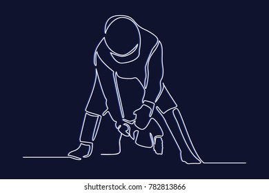 Continuous line drawing. Standing builder man with chainsaw. Vector illustration on white background