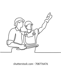 Continuous line drawing. Standing builders men holding tablet. Vector illustration on white background Continuous line drawing. Standing builders men holding tablet. Vector illustration on white background