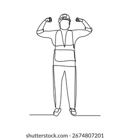 Continuous line drawing of standing building construction worker and engineering man. One line art of architect or engineer mechanic. Vector illustration editable stroke
