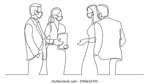 continuous line drawing of standing businee people wearing face masks discussing deal