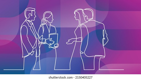 continuous line drawing of standing businee people discussing deal