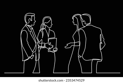 continuous line drawing of standing businee people discussing deal