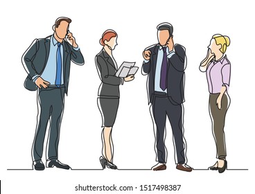 continuous line drawing of standing business persons making phone calls