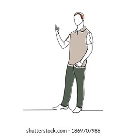 Dibujo continuo de línea de un hombre de negocios de pie muestra gesto de presentación. Ilustración del vector