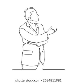 continuous line drawing of standing business man showing presentation gesture. Vector illustration editable stroke sketch art