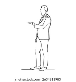 desenho de linha contínua do homem de negócios em pé mostrando o gesto de apresentação. Ilustração vetorial traçado editável esboço arte