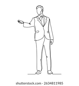 continuous line drawing of standing business man showing presentation gesture. Vector illustration editable stroke sketch art