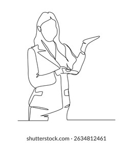continuous line drawing of standing business woman showing presentation gesture. Vector illustration editable stroke sketch art