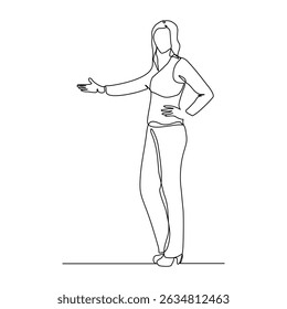 continuous line drawing of standing business woman showing presentation gesture. Vector illustration editable stroke sketch art