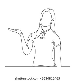 continuous line drawing of standing business woman showing presentation gesture. Vector illustration editable stroke sketch art