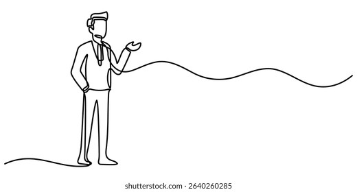 continuous line drawing of standing business man showing presentation gesture. Vector illustration editable stroke sketch art, Businessman Explaining Something Related Line Style Concept Vector. 