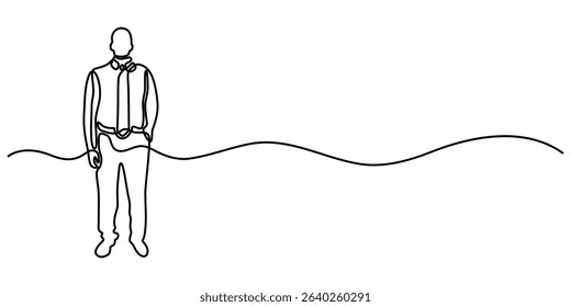 continuous line drawing of standing business man showing presentation gesture. Vector illustration editable stroke sketch art, Businessman Explaining Something Related Line Style Concept Vector. 