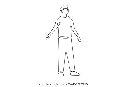 continuous line drawing of standing business man showing presentation gesture,  Cute Man One Line Hand Draw Simple Graphic Design Vector Illustration.