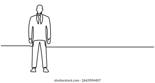  continuous line drawing of standing business man show presentation gesture. Vector illustration.