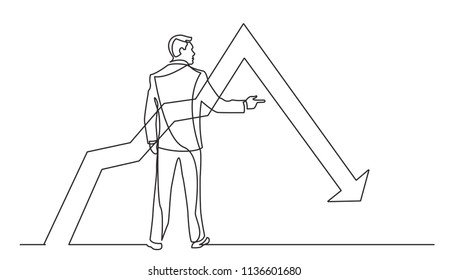 continuous line drawing of standing businessman pointing finger at decreasing graph