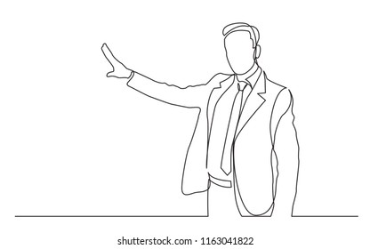 continuous line drawing of standing businessman showing with his hand
