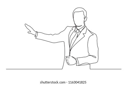 continuous line drawing of standing businessman showing with his hand