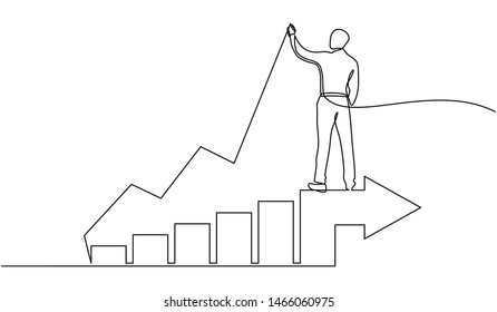 continuous line drawing of standing businessman drawing rising diagram. Design Illustration of the concept of business success through growth graph. Investor. Profit Stock Market. Business concept.