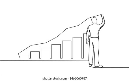 continuous line drawing of standing businessman drawing rising diagram. Design Illustration of the concept of business success through growth graph. Investor. Profit Stock Market. Business concept.