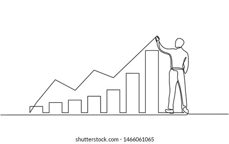 continuous line drawing of standing businessman drawing rising diagram. Design Illustration of the concept of business success through growth graph. Investor. Profit Stock Market. Business concept.