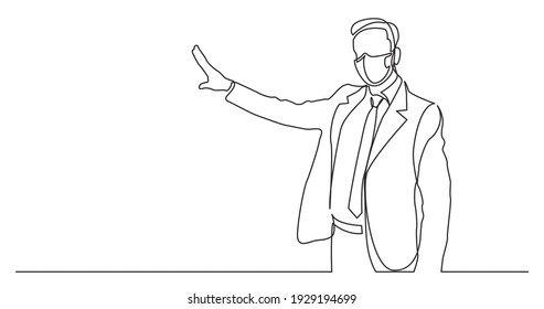 continuous line drawing of standing businessman showing with his hand wearing face mask