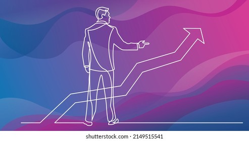 dibujo de línea continua de un empresario de prestigio apuntando con el dedo a una gráfica creciente