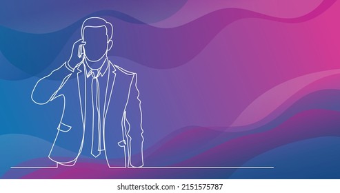 continuous line drawing of standing businessman speaking on his phone