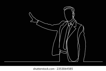 continuous line drawing of standing businessman showing with his hand