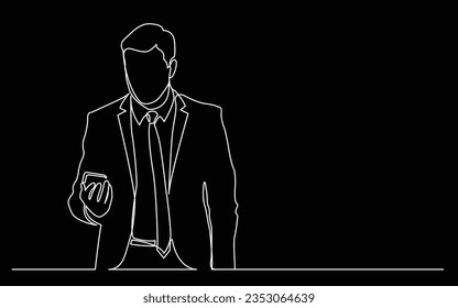 continuous line drawing of standing businessman checking mobile phone