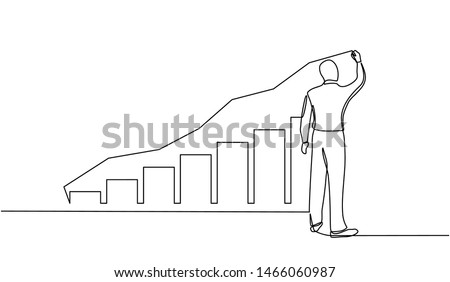 continuous line drawing of standing businessman drawing rising diagram. Design Illustration of the concept of business success through growth graph. Investor. Profit Stock Market. Business concept.