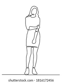 Continuous line drawing of standing confident woman. continuous line drawing of happy woman posing in dress. One single line drawing of young model woman take a pose.