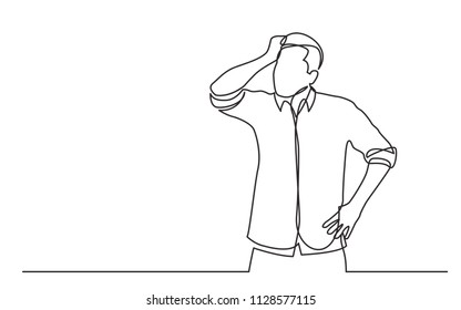 continuous line drawing of standing confused man in shirt