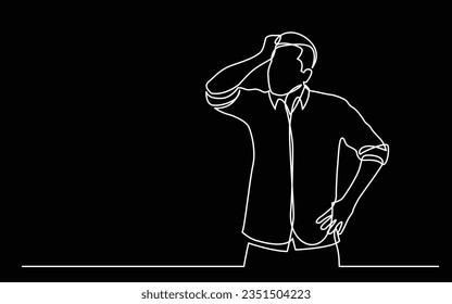 continuous line drawing of standing confused man in shirt