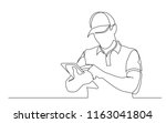 continuous line drawing of standing delivery guy filling order on tablet