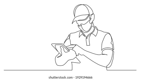 continuous line drawing of standing delivery guy wearing face mask filling order on tablet