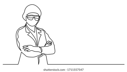 continuous line drawing of standing doctor in mask and protective gloves