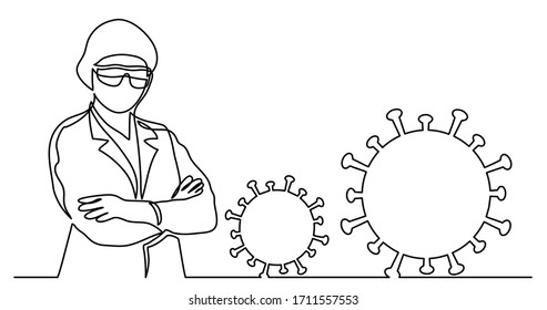 continuous line drawing of standing doctor in mask and protective gloves with coronavirus symbols