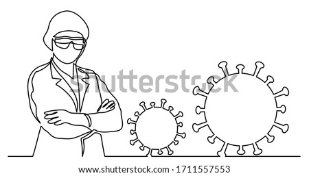 continuous line drawing of standing doctor in mask and protective gloves with coronavirus symbols