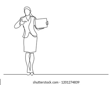 continuous line drawing of standing female office worker pointing at blank sign