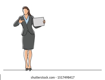continuous line drawing of standing female office worker pointing at blank sign
