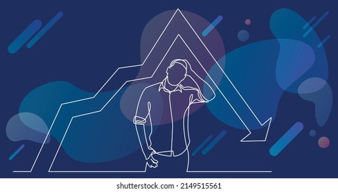 dibujo de línea continua de hombre frustrado de pie con gráfico decreciente