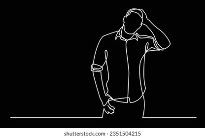 continuous line drawing of standing frustrated man in shirt
