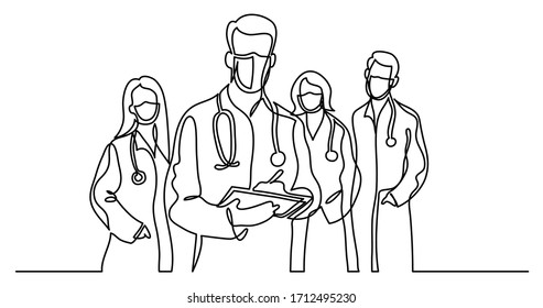 Continuous Line Drawing Of Standing Healthcare Professionals Team In Protective Masks