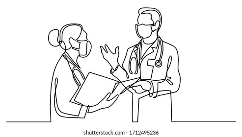 continuous line drawing of standing healthcare professionals in protective masks discussing meeting