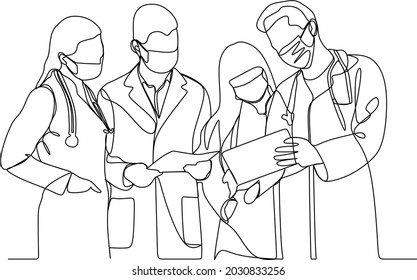 continuous line drawing of standing healthcare professionals team in protective masks