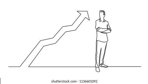 continuous line drawing of standing man with crossed arms with growing graph