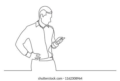 continuous line drawing of standing man checking mobile phone