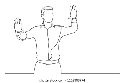 continuous line drawing of standing man showing with his hands
