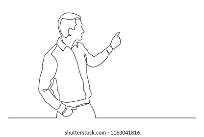 continuous line drawing of standing man presenter pointing at screen