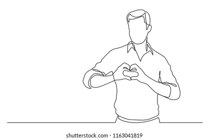 continuous line drawing of standing man showing love sign